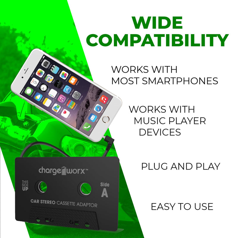 Chargeworx Car Cassette Adapter to 3.5mm Aux Plug|Connects Aux-Cord Compatible Smartphones, iPads, Laptops, CD Players to Tape Players|Stream Music, Audiobooks through Car Speakers Using Cassette Deck