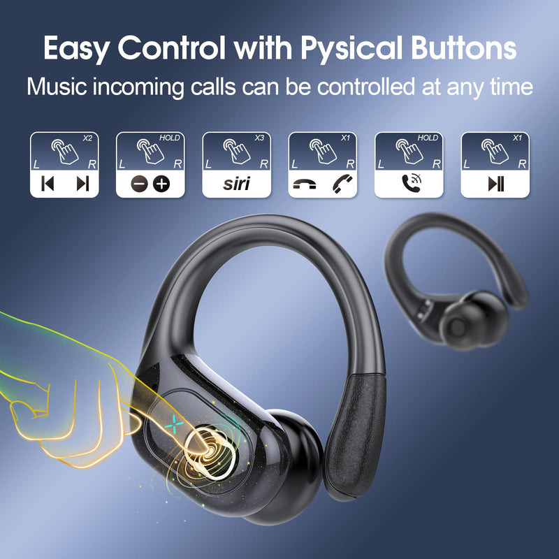 Wireless Earbuds 75H Bluetooth 5.4 Sport Headphones with Earhooks, Black | IPX7 Waterproof In-ear Buds Feature ENC Noise Cancelling Mic & Deep Bass. Stereo Sound Device for Gym Running Workout