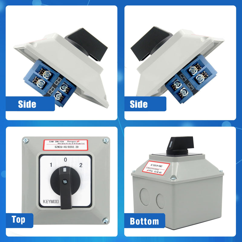[AUSTRALIA] - 40A Rotary Changeover Switch with Box, 660V 3 Position 2 Phase 8 Terminals, 2-Way 2NO 2NC Universal Selector Switch with Yellow Fork Terminals IP65 CE 26-40/D202.2D 