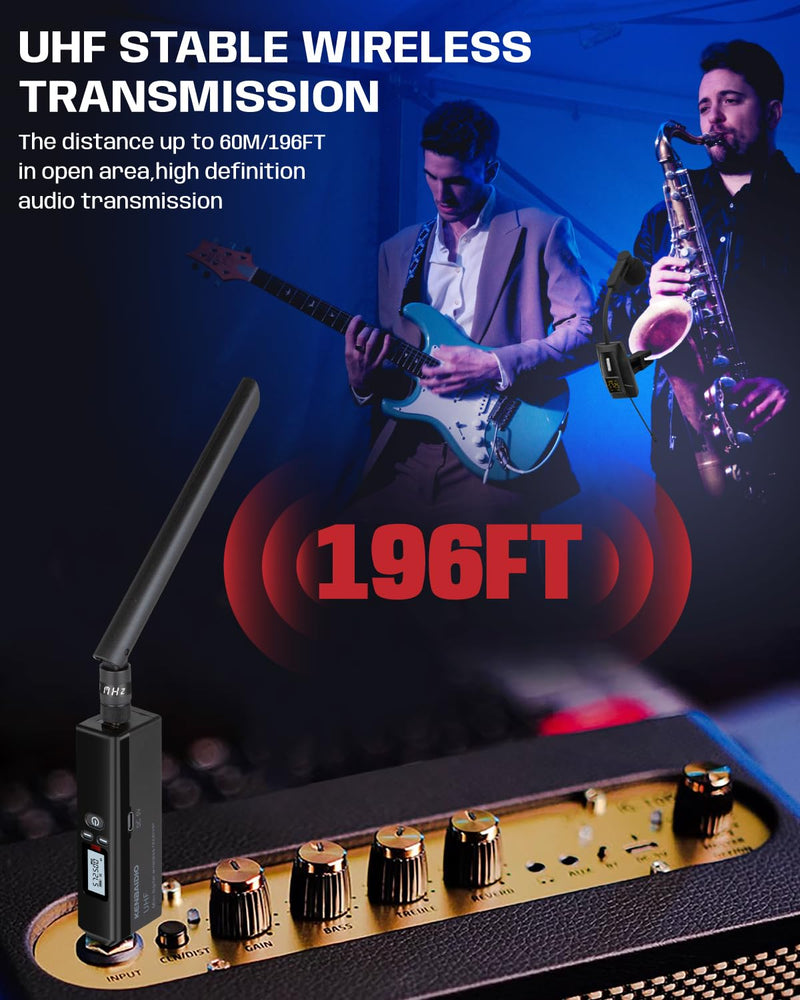 [AUSTRALIA] - Saxophone Microphone, UHF Rechargeable Wireless Instruments Microphone System with Transmitter and Receiver 196ft Range, Clip on Condenser Mic for Trumpet, Trombone, Saxofon, Most Brass Instruments U-720 Saxophone Microphone 