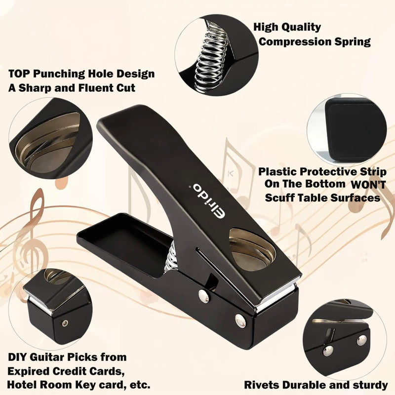 Elrido Guitar Pick Punch Tool Kit - DIY Custom Guitar Picks Maker with Leather Keychain Picks Holder & 2 Pick Strips, Create Endless Unique Picks - Make Picks, Gift for Guitarists & Musicians (Black) Black