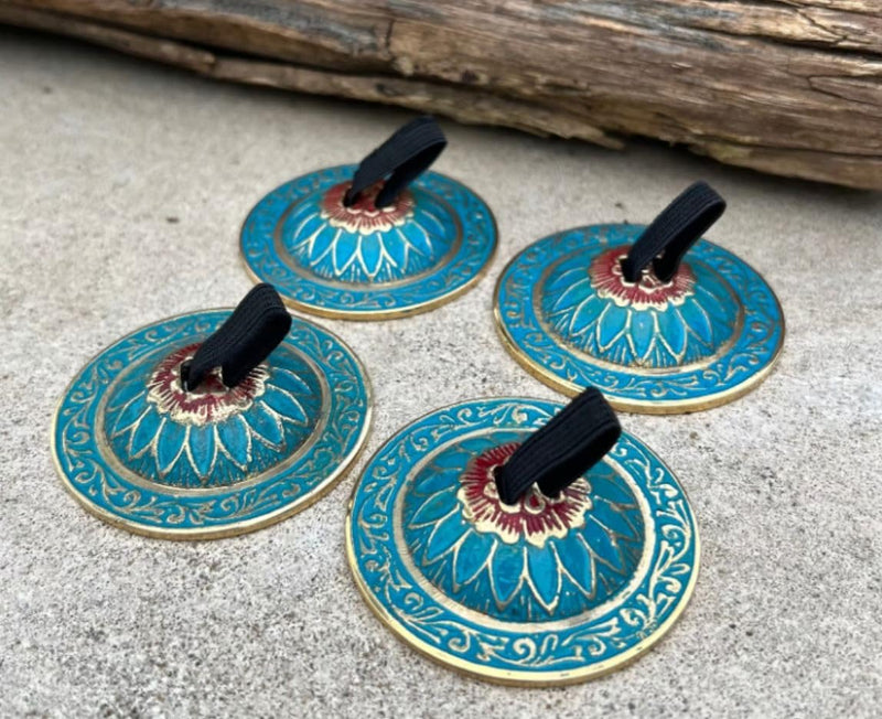 [AUSTRALIA] - 2 Pairs Brass Floral Finger Cymbals Zills for Belly Dancing (Turquoise) Turquoise 