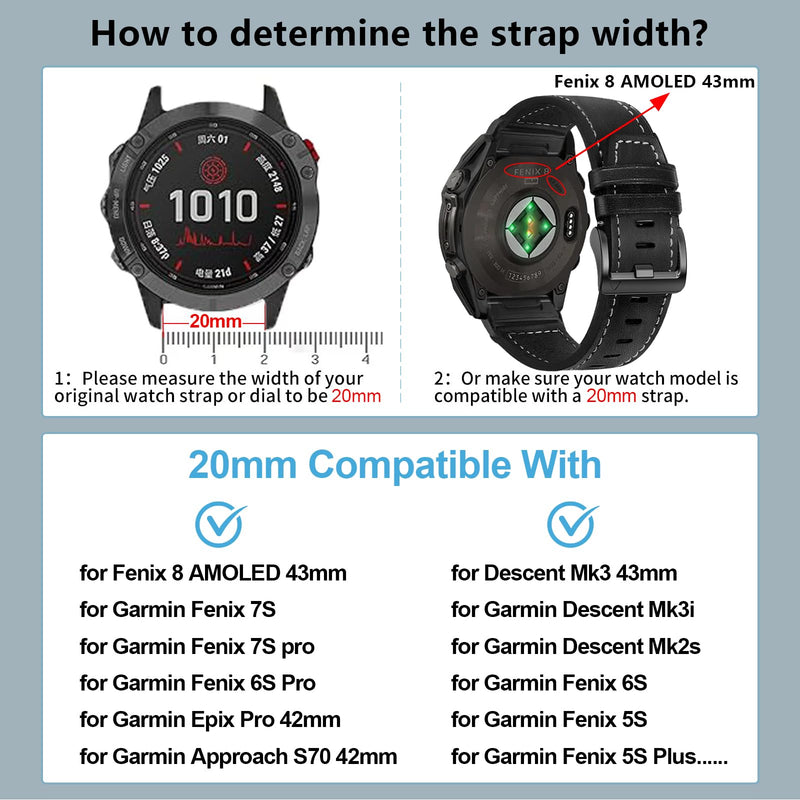 20mm Genuine Leather Watch Band Compatible with Garmin Fenix 8 AMOLED 43mm/ 7S/ 7S pro/ 6S/ 6S Pro/ 5S/ 5S Plus,Quick Fit Replacement Strap for Epix Pro/Approach S70 42mm/Descent Mk3 3i 43mm/ Mk2s 2pack1
