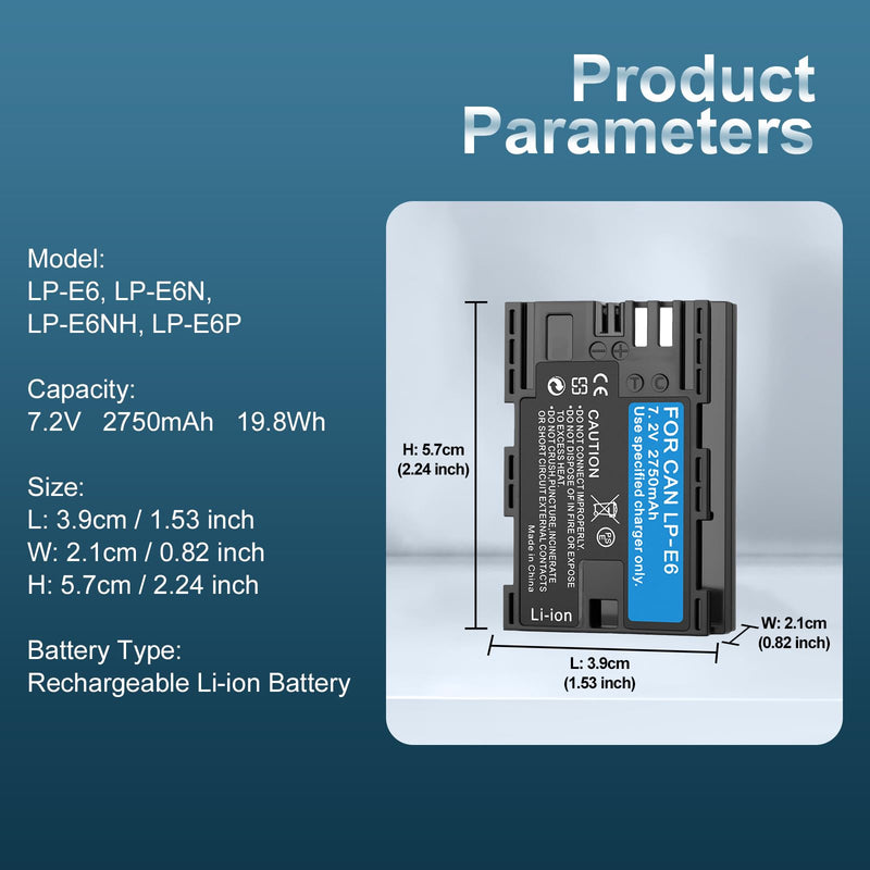 2 Pack LP-E6/LP-E6N/LP-E6NH 2750mAh High-Capacity Battery for Canon EOS R Series (R,R5,R5 Mark II,R5C,R6,R6II,R7), 5D Series (II,III,IV,5DS,5DS R), 90D/80D/70D/60D/60Da,6D (6D,II),7D (7D,II),XC10/XC15 2 Batteries