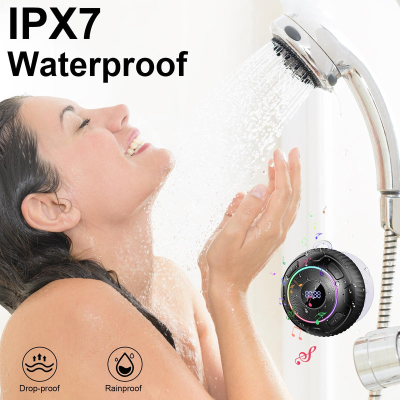 Hupoaf Bluetooth Shower Speaker, Bluetooth Speaker 5.3, 6D Sound, Portable Speaker with Suction Cup/Hook, IPX7 Waterproof, with LED Light/Time Display, for Outdoor/Party/Bathroom//Kayak/Gift Black