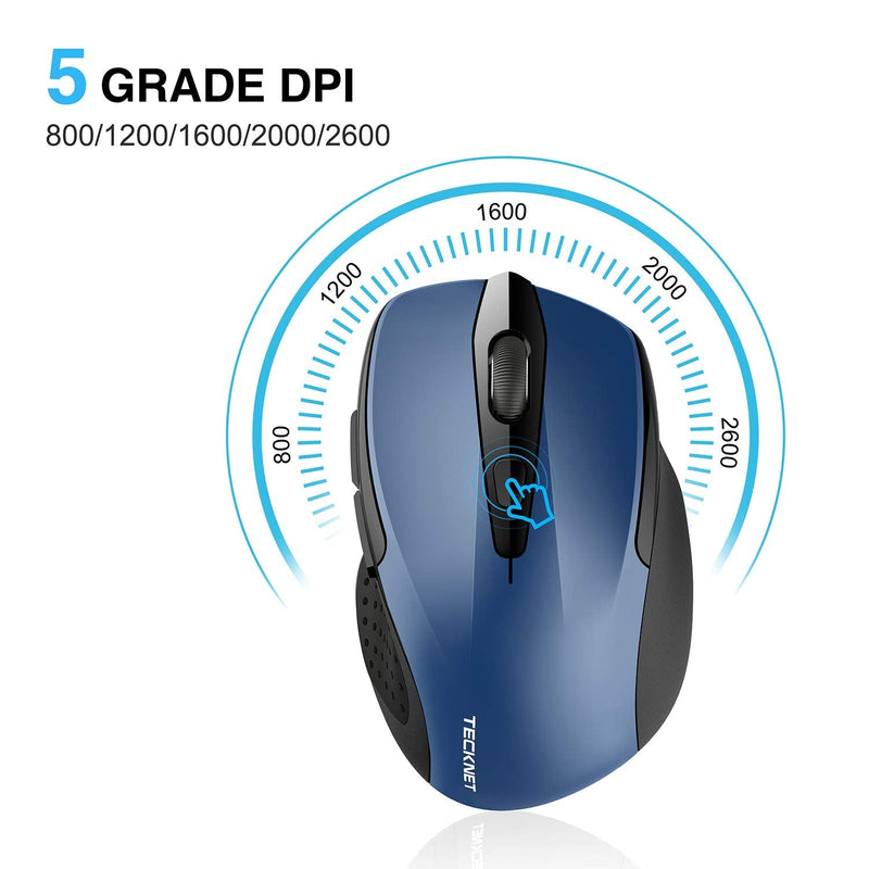 Wireless Mouse, TECKNET Pro 2.4G Ergonomic Wireless Optical Mouse with USB Nano Receiver for Laptop,PC,Computer,Chromebook,Notebook,6 Buttons,24 Months Battery Life, 2600 DPI, 5 Adjustment Levels Blue