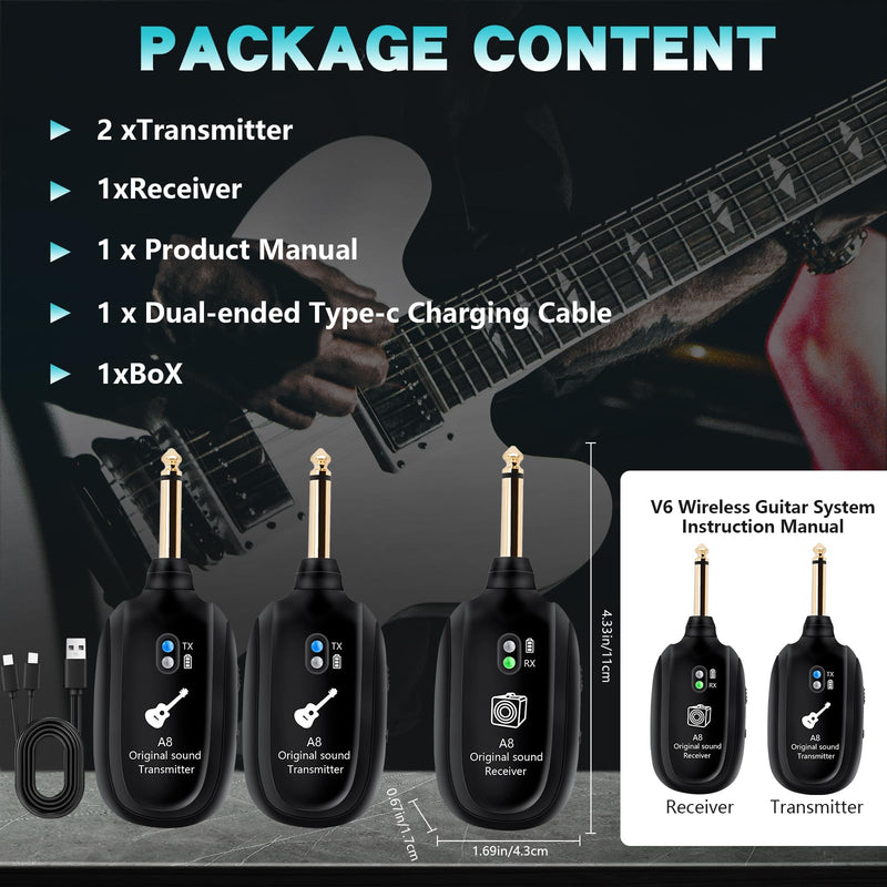A8 Wireless Guitar Transmitter Receiver System - 2.4GHz Rechargeable, 24-bit/48KHz Audio, Low Latency <4ms for Electric Guitar & Bass - Clean Wireless Audio for MUSIC and BASS GUITARS 2(2TX+1RX) A8 Wireless Guitar System (2TX+1RX)