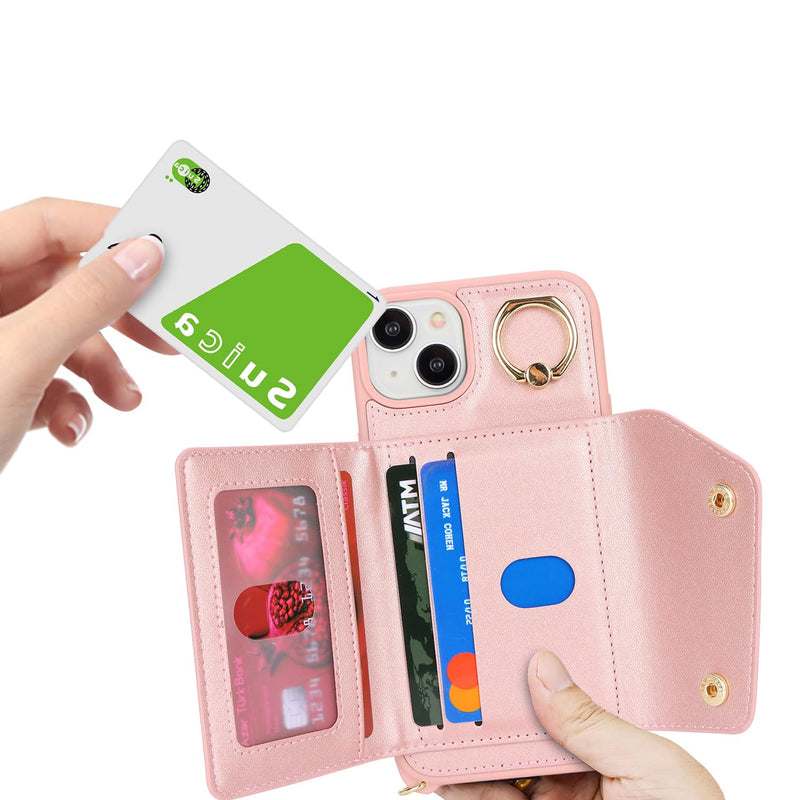 for iPhone 14 Case with Card Holder and Strap - Zipper Pocket,Crossbody Lanyard Strap,Credit Card Holder,Stand Ring,Cute Phone Wallet Case for Women(Rose Gold,6.1 Inch) A-Rose Gold