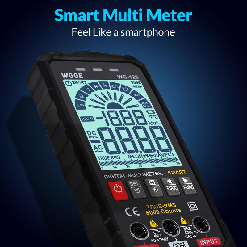 [AUSTRALIA] - WGGE Digital Multimeter Voltmeter Smart Electrical Tester Measures Voltage Current Resistance Continuity Duty-Cycle Capacitance Temperature Frequency Auto Ranging 6000 Counts TRMS 