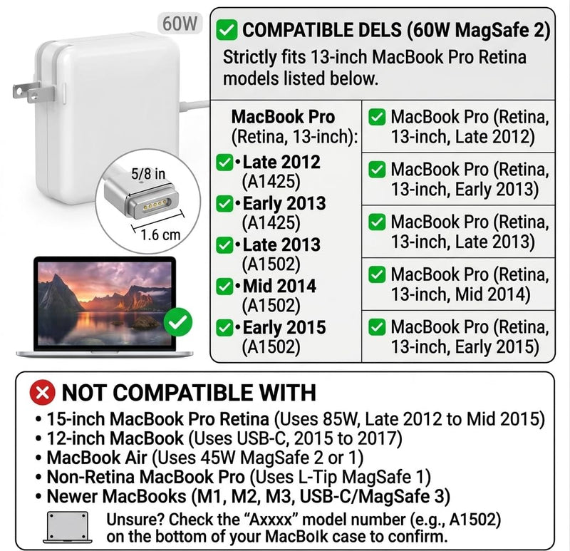 UL Certified 60W MacBook Pro Charger Replacement, MagSafe 2 Compatible with MacBook Pro 13 Inch Retina (2012-2015) & MacBook Air 11/13 Inch (2012-2017), A1425 A1435 A1465 A1466 A1502