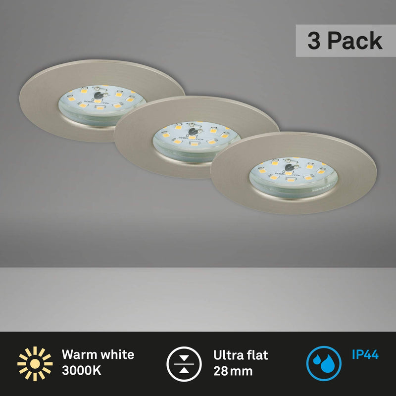[AUSTRALIA] - Briloner LED, Small mounting Depth, 230V, Set of 3, Ceiling Light, Downlight, Bathroom recessed lamp, Integrated, 5 W, Satin Nickel Matt-nickel 