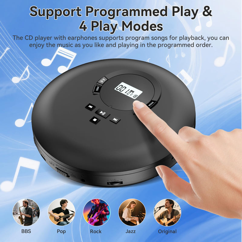 [AUSTRALIA] - Gueray CD Player Portable CD Discman Portable CD Player for Car with Anti-Skip Shockproof Personal CD Player with Headphones LCD Display Support PROG Memory Function Repeat Playback BASS Effet Black 