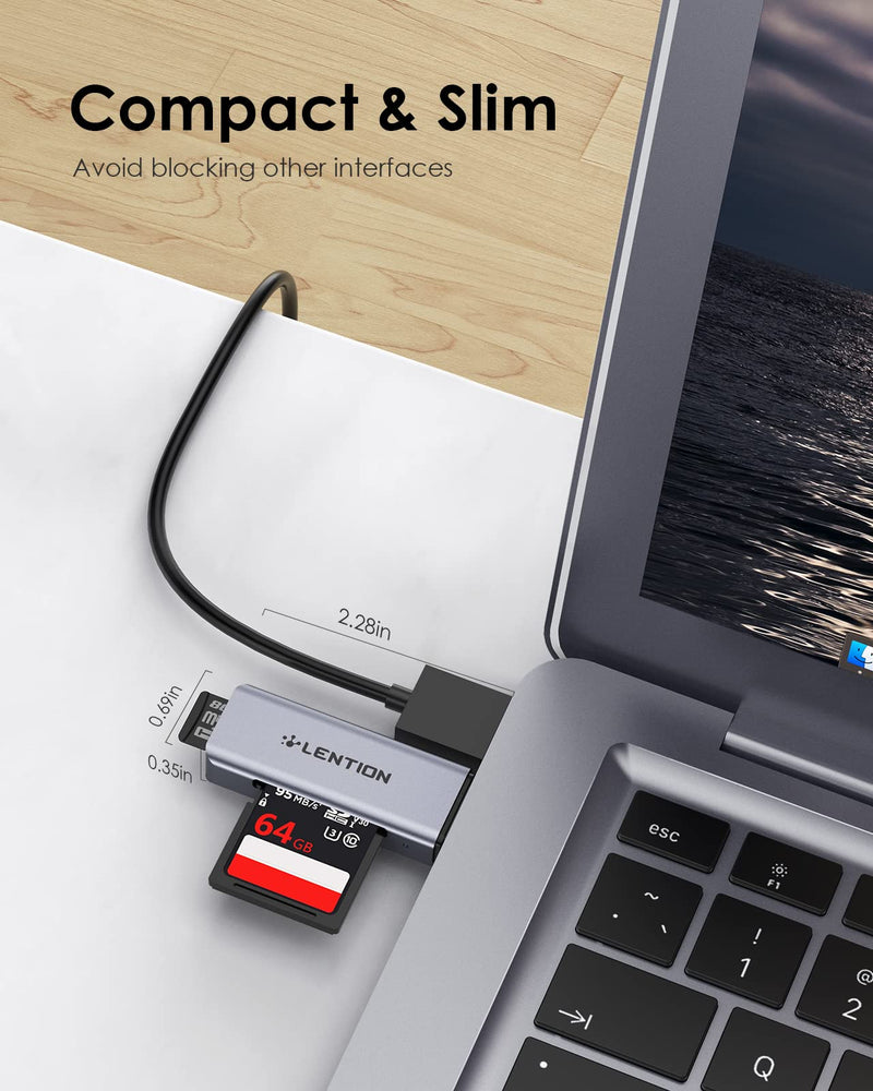 LENTION USB 3.0 Type A to SD/Micro SD Card Reader, SD 3.0 Card Adapter for SD/SDXC/SDHC, Micro SD/Micro SDXC/Micro SDHC Cards Compatible MacBook Pro/Air, Surface, Chromebook, More (CB-H7, Space Gray)