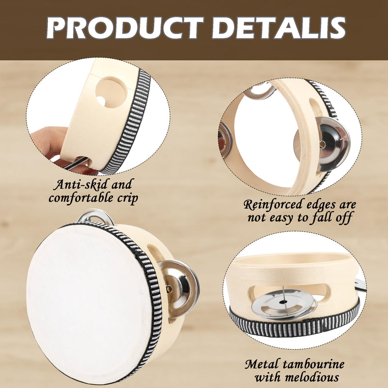 16 Pcs 4 Inch Adult Wedding Tambourines Drum Wooden Natural Handheld Drums Metal Jingles Drums Musical Instruments Percussion for Church Wedding Party Favor
