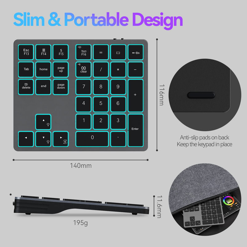 Doohoeek Backlit Bluetooth Numeric Keypad for Laptops and Computers, Number Pads 34 Keys with 7-Color Backlight for MacBook & Windows, Gray Bluetooth Only Grey