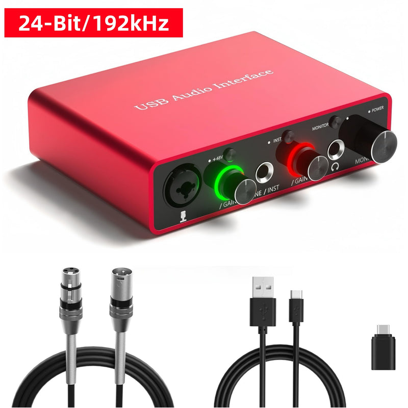 USB Audio Interface for PC, 48V Phantom Power Audio Interface for Computer Recording Music, Podcasting, and Streaming, 24-Bit/192kHz, XLR & 1/4” Combo Connectors, LINE/INST Input