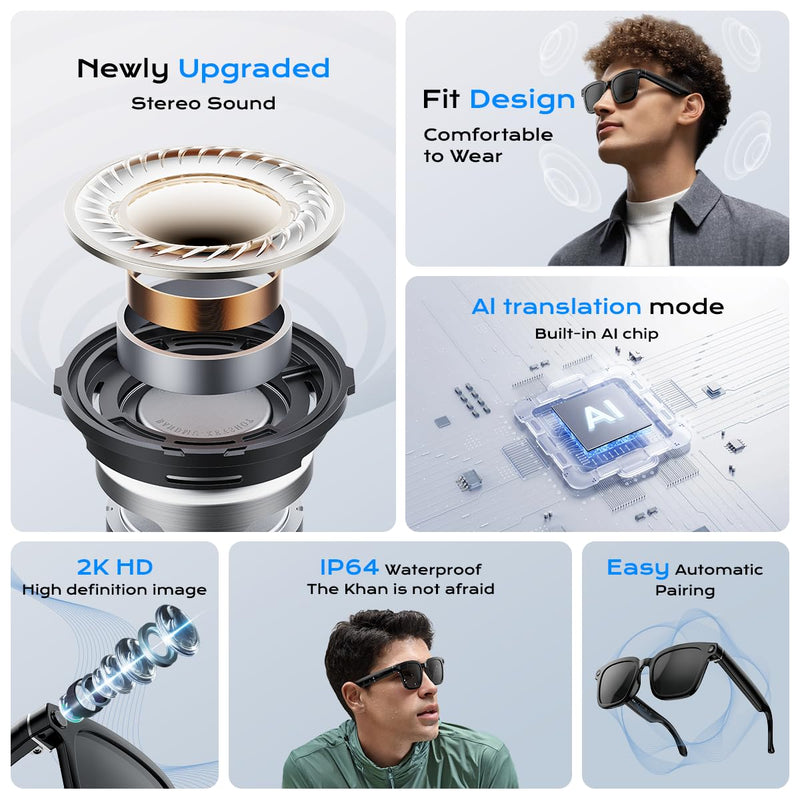XO AI Smart Glasses,HD 1080P Camera Glasses with Video Recording & Photo Taking,140+ Language Real-Time Translation Glasses Perfect for Travel, Business(Black) Camera glasses-Black
