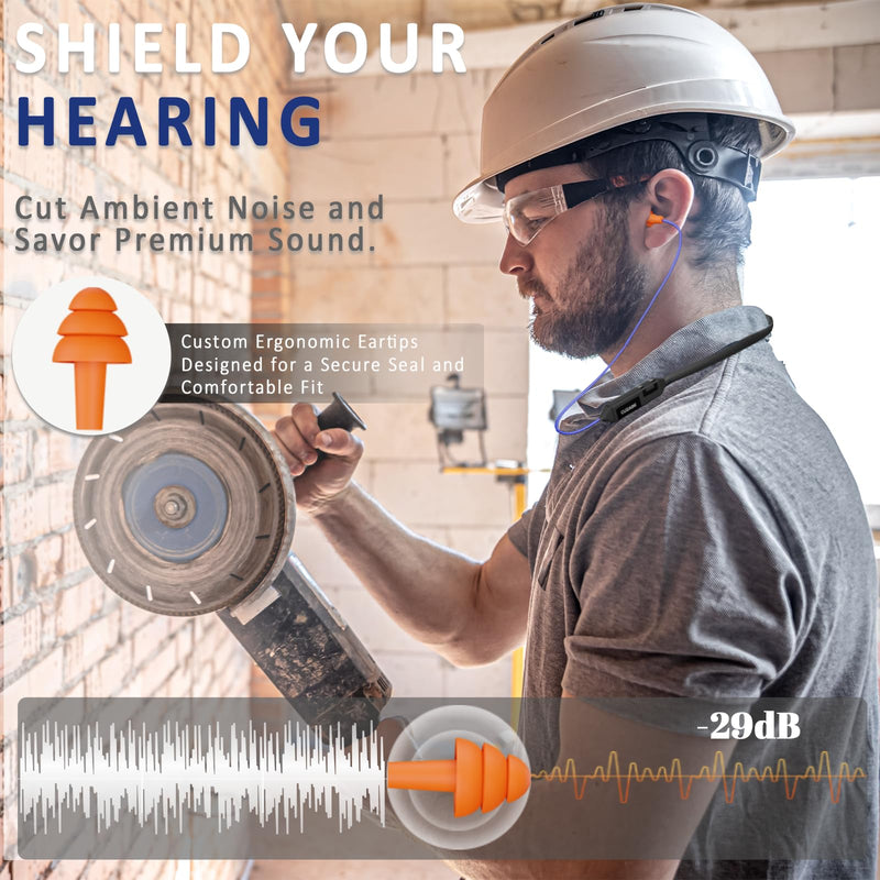 Bluetooth Work Headphones, 29 dB Noise Reduction, 30H Playtime | Neckband Wireless Safety Earplugs, OSHA Compliant, IPX5 Sweatproof, Hearing Protection for Noisy Workplace, Light & Comfy Blue TPE