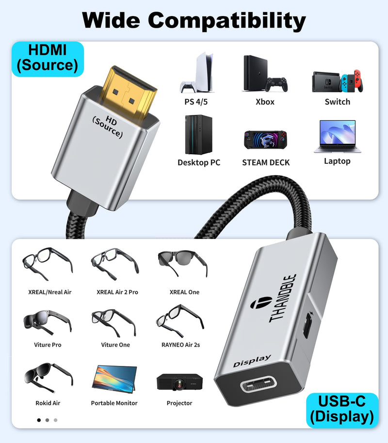 [AUSTRALIA] - HDMI to USB C Adapter 4K60Hz, Unidirectional HDMI Male (Source) to USB C Female (Display) for Portable Monitor, AR Glasses XREAL One/Air 2 Pro/VITURE Pro/Rokid, PS4/5, Xbox, Switch, ROG Ally 