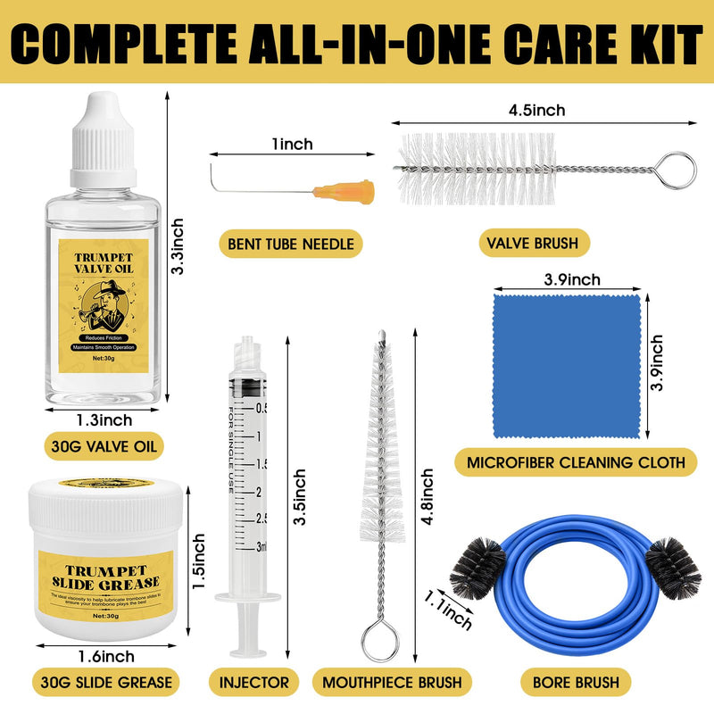 Trumpet Cleaning Kit, Trumpet Care Kit (Valve Oil, Slide Grease, Mouthpiece Brush, Bore Brushe, Piston Brush, Microfiber Cloth, Jnjector and Bent Tube Needle), Maintain Trumpet and Sound Quality