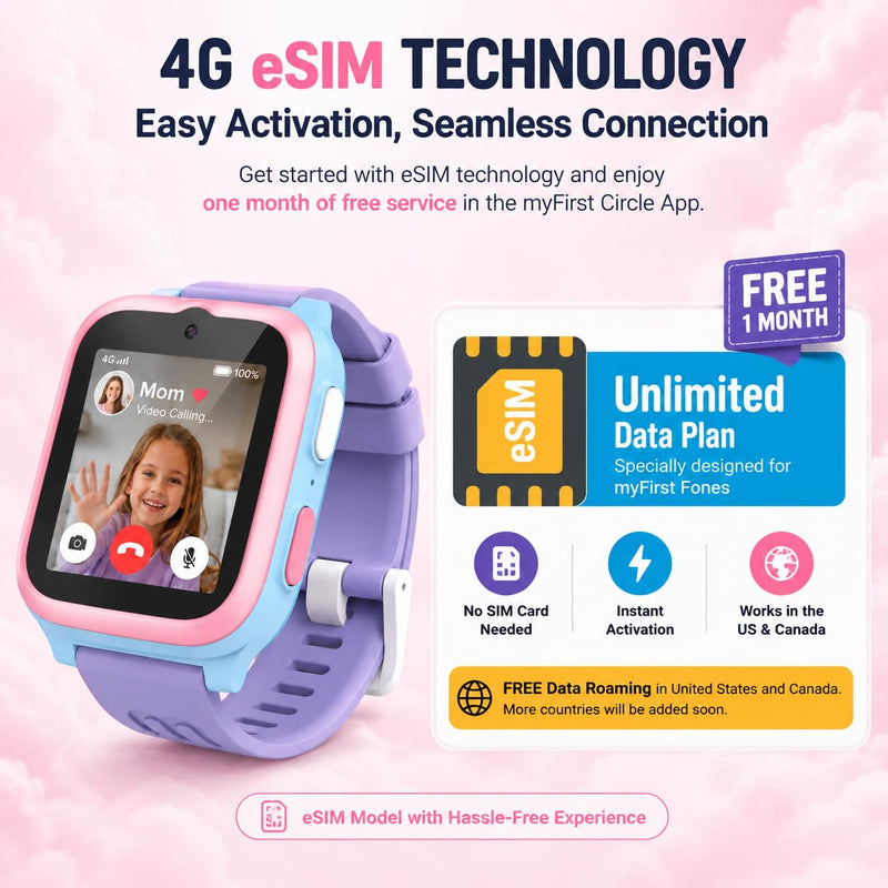 myFirst Fone S3+ Kids Smart Watch 4G GPS Smartwatch for Kids, with eSIM | Video Voice Call, 2MP Camera, GPS Tracking, Text, Waterproof eSIM Dual Band, Gift for Boys Girls Age 8-12 (Cotton Candy) Cotton Candy