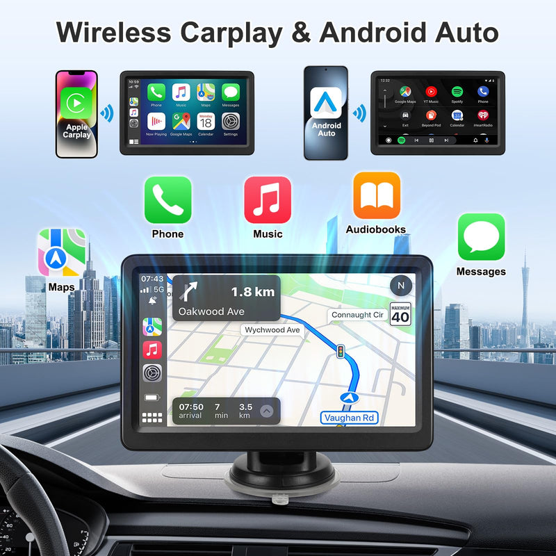 Carplay Screen for Car, 7" Wireless Carplay & Android Auto, Portable HD Touchscreen with Mirror Link, GPS Navigation, Voice Control, Hands-Free Calling, Bluetooth/AUX/FM, Plug & Play Car Play Screen Black
