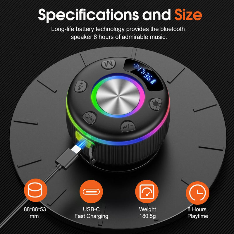 [AUSTRALIA] - Bluetooth Shower Speaker, Portable Bluetooth 5.3 Speakers Wireless with Time Display, IP7 Waterproof Speakers with RGB Light, Suction Cup, Mini Stereo Speaker for Bathroom Party Travel Beach Outdoor Jet Black 