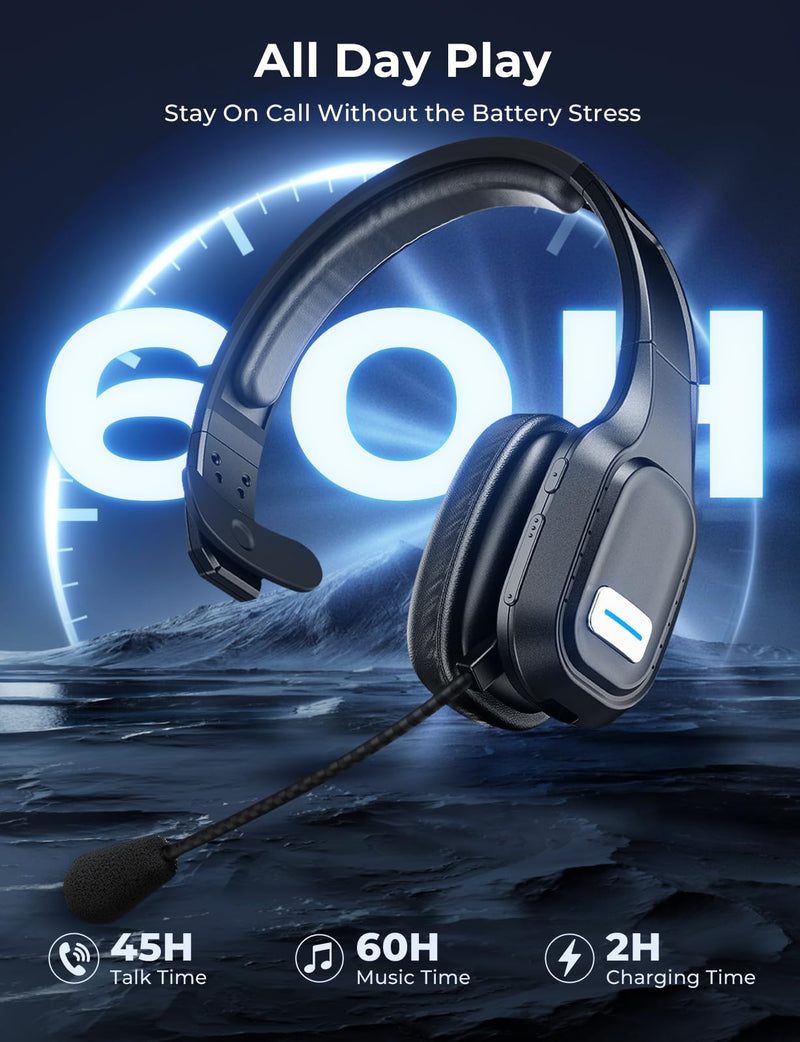 [AUSTRALIA] - Bluetooth Headset, 60Hrs Working Time with Noise Canceling, Trucker Wireless Headset with Mic & Mute, Voice Control, Bluetooth Headphones Multipoint for Truck Driver, Office, CallCenter, Phone/PC Black 