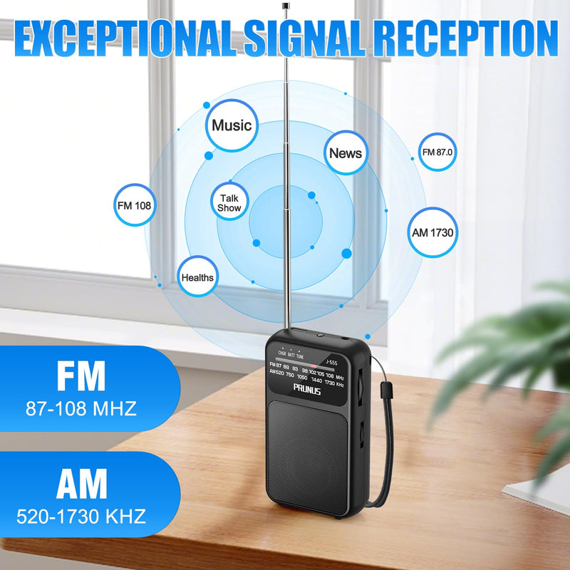 J-555 Pocket Radio AM FM USB-C Charging& Battery Operated, Excellent Reception& Clear Speaker and Headphone Jack, Back Clip, Flashlight, Transistor Radio, Portable Radio AM FM, Mini Radio Black