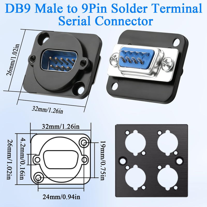 QIANRENON DB9 Panel Mount Solder Connector Serial Plug RS232 DB9 Male Bulkhead Mount Soldering Adapter D-SUB 9Pin Module Locking Screw Hole, for RS232/RS485/RS422 Serial Port COM, 2Pcs