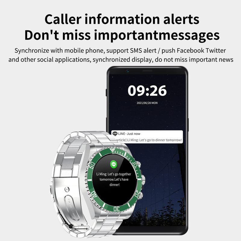 Loluka Smart Watch Bluetooth Call Sports Modes Message Reminder Smartwatch for Android Phones iOS Stainless Steel Business Watch Men green