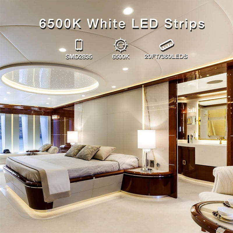 DAYBETTER White LED Strip Light, 20ft Dimmable Bright Rope Light, 6500K 24V Light Strips, 360 LEDs 2835 Tape Lights for Bedroom, Kitchen, Mirror, Home Decoration Daylight White