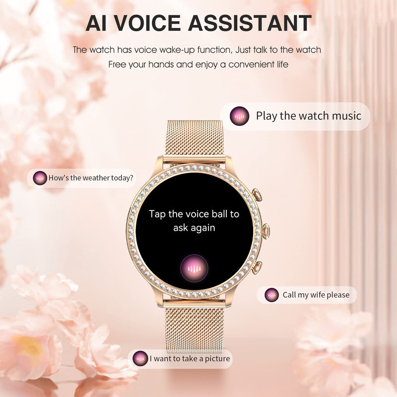 Women's Smart Watch(Call Receive/Dial), Fitness Tracker Waterproof Smartwatch for Android iOS Phones with 1.32" HD Full Touch Screen AI Voice Control Heart Rate Sleep Monitor Pedometer Rose Gold