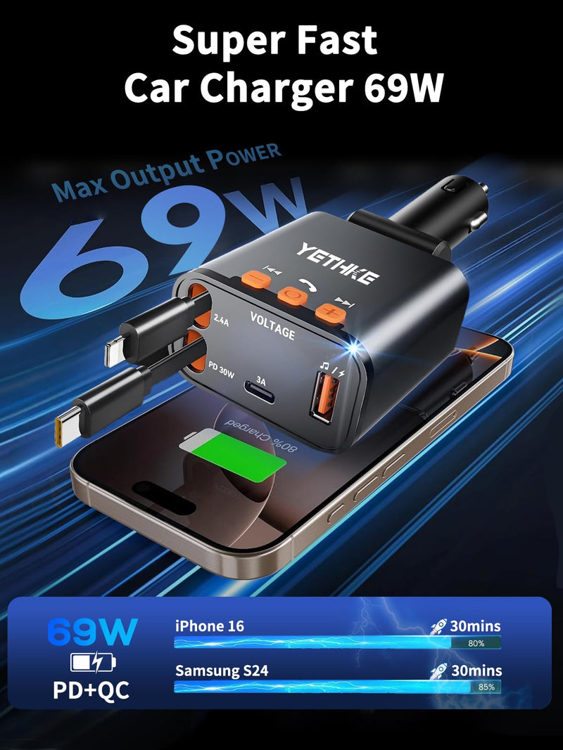 [AUSTRALIA] - Bluetooth Car Adapter with Retractable Charger, FM Transmitter Bluetooth 5.4 for Cars, 4 in 1 Fast Car Phone Charger 69W, Handsfree Call, 2*Retractable Cable for iPhone 17/16/15/14, Galaxy-Black Black 