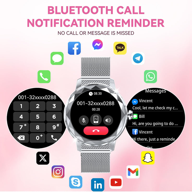 Smart Watch for Women, 1.2" Display 100+ Sports, IP68 Waterproof | Fitness Tracker with Heart Rate, Sleep & Female Cycle, Adjustable Fit, iOS & Android Compatible, W02-Silver