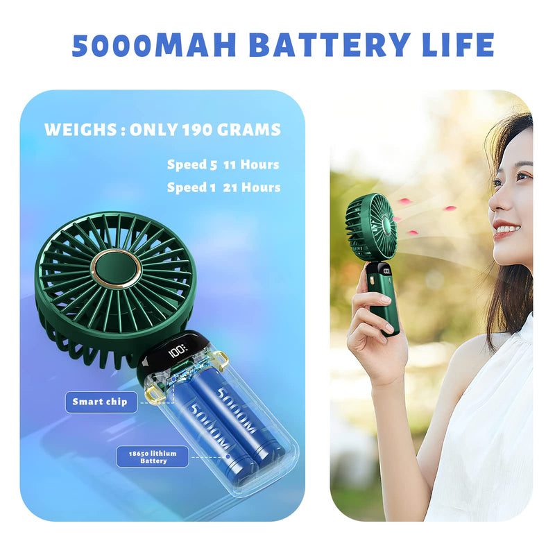 Handheld Fan, Mini Fan Portable Fan 5000 mAh with 5 Speeds, Battery Operated Hand Fan with LED Display, Personal Fan Desk Fan 11-21Hs Working Time for Office Bedroom Outdoor Travel Camping-Green Green