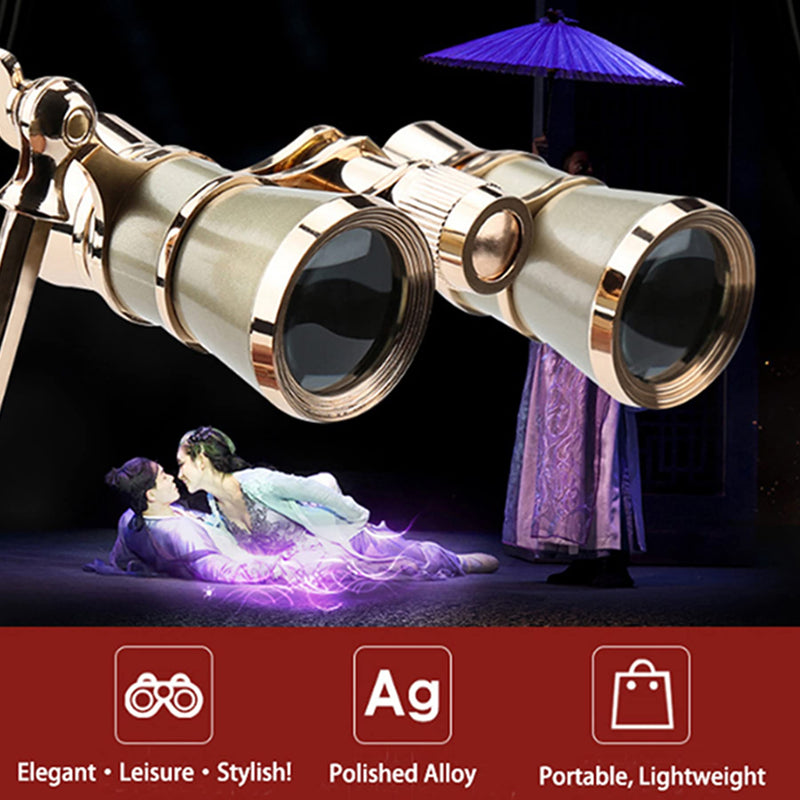 Yourelexit® Opera Glasses Binoculars 3X25 Lorgnette Theater Glasses Optical BK9 Mini Compact Lightweight Built-in Foldable Adjustable Handle Vintage for Adults Women Men in Musical Concert Cinema Gold With Handle and Neck Chain