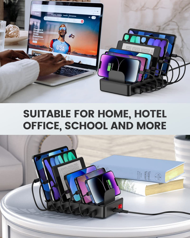 CREATIVE DESIGN Charging Station, 50W 6 Ports Multi Charger Station with 6 Charging Cables, USB Charging Dock for Multiple Devices, Compatible with Cellphone iPad Kindle Tablet and Other Electronic Black
