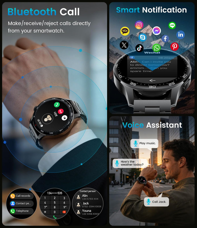 Smart Watch for Men(Answer/Make Calls), 1,7'' HD Large Screen Men's Smartwatch with 800mAh Batterry/Flashlight/Heart Rate/Sleep Monitor/100+ Sport Modes, IP68 Waterproof Fitness Watch Silver Black