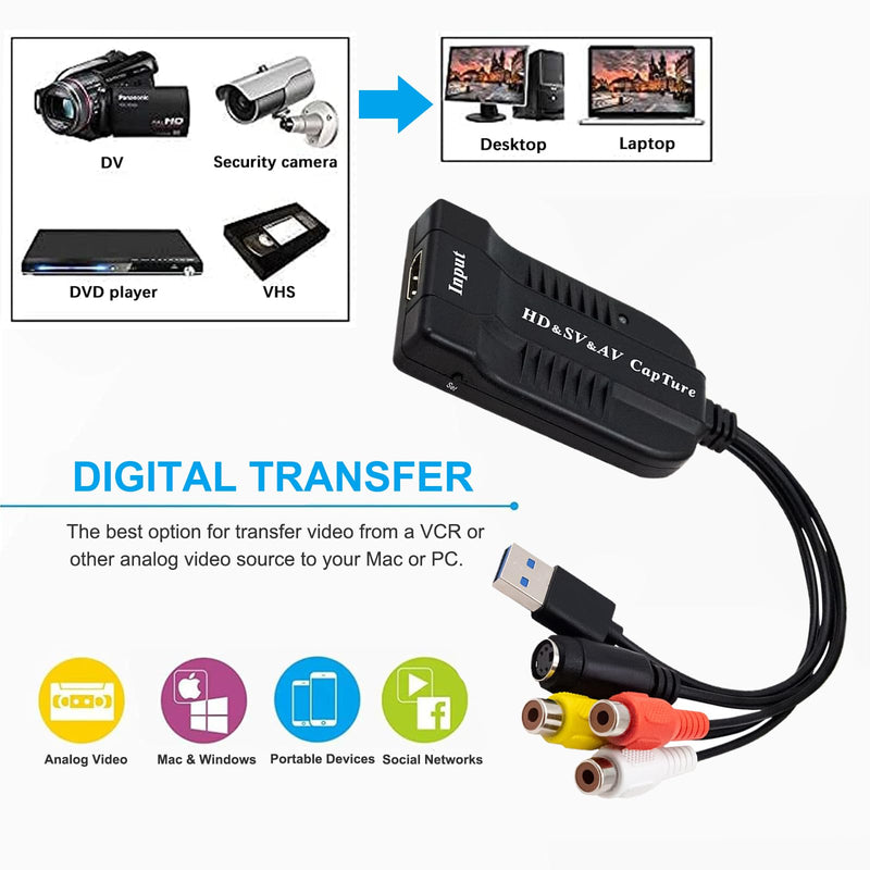 USB Video Capture Card HDMI/AV/RCA/S-Video to USB2.0 Audio Video Capture Device 1080P30fsp Hi8, VCR, VHS to Digital Converter for Camcorder DVD PS4 Live Streaming Compatible with Mac Windows