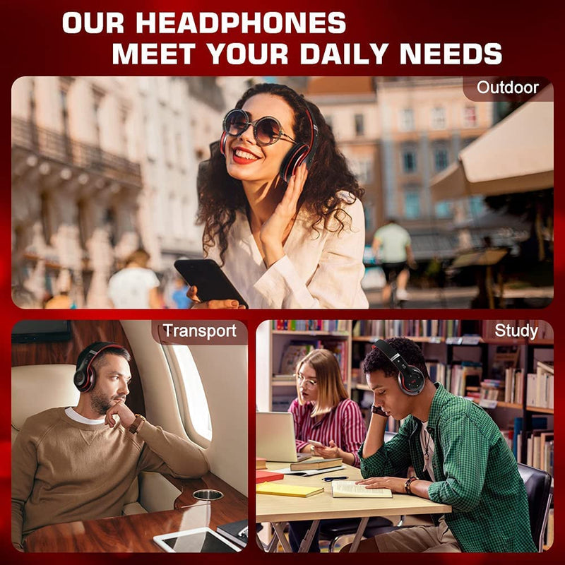 6S Bluetooth Headphones Over-Ear, Hi-Fi Stereo Foldable Wireless Stereo Headsets Earbuds with Built-in Mic, Volume Control, FM for iPhone/Samsung/iPad/PC (Black & Red) Black & Red