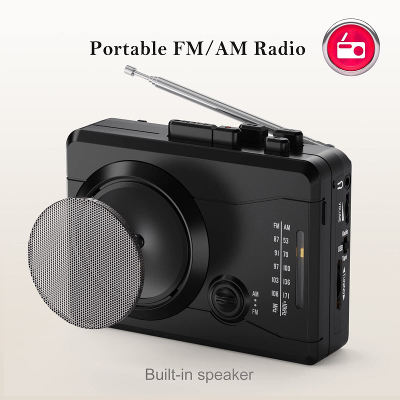 Cassette Player Recorder, Portable Retro Tape Player Audio Recording, AM/FM Radio, Tape to MP3 Converter, Built-in External Speaker,Suitable for Leisure Sports,Entertainment,Everyday Recording(Black) Black