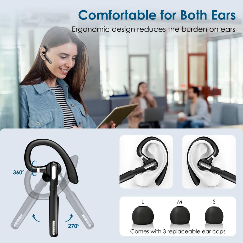 Bluetooth Headset, Wireless Earpiece with Noise Cancelling Microphone for Driving, Single Ear Headphones for Cell Phones, Computer, PC, Long Hours Talking Time for Driving, Online Meetings (Black) Black