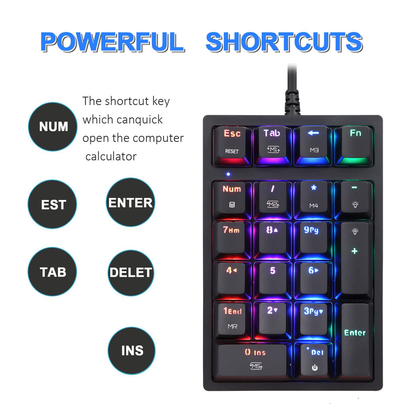 Motospeed Macro Mechanical Numeric Keypad USB Wired 21 Keys Mini Numpad Portable Keypad RGB Backlight Gaming Keypad Extended Layout for Cashier(Fully Programmable Keys) Blue Switch