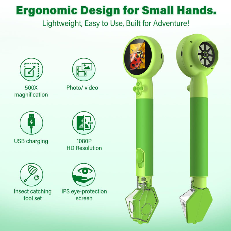 [AUSTRALIA] - Microscope for Kids with Bug Catcher, 1080P HD Digital Handheld Portable Kids Microscope, 2 in 1 STEM Science Educational Learning Kit Christmas Birthday Gifts Toys for 3-15 Boys & Girls (Green) Bug Catcher & Microscope Kits Green 
