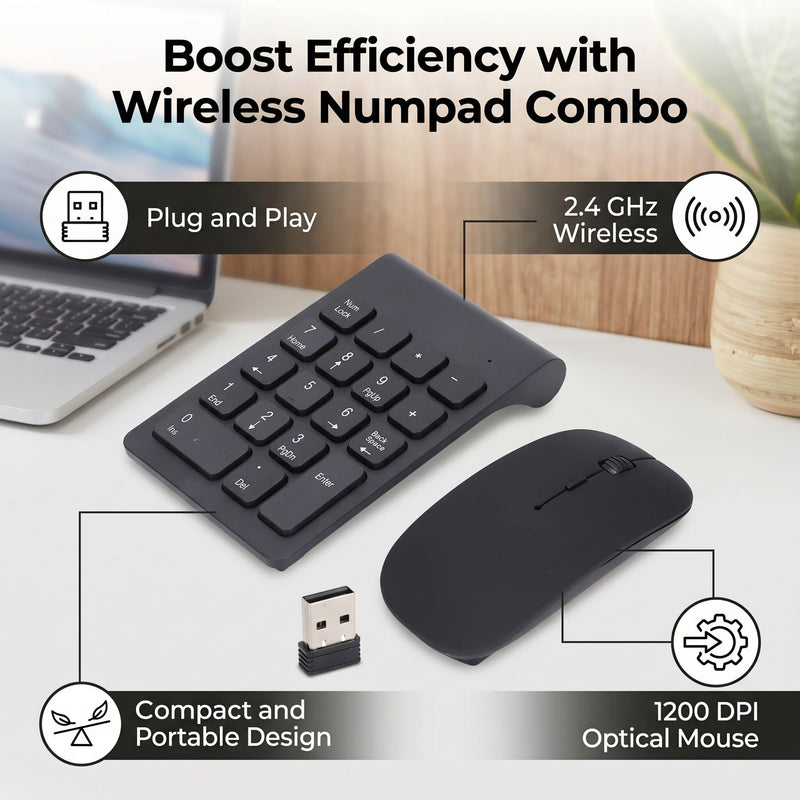 SUNGOOYUE Number Pad, Plug and Play 2.4GHz Wireless Technology 1200 DPI Sensitive Number Pad Mouse Combo for Home Office (Black)