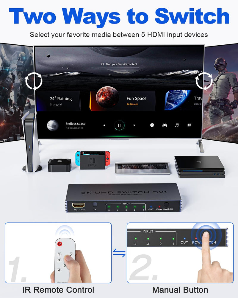 [AUSTRALIA] - New Upgrade 8K HDMI Switch 5 in 1 Out, Hdmi Splitter with Remote 5 Port Switcher Selector Box Support 3D//HDR/HDCP2.3, HDMI 2.1 Switch Box Compatible with PS 5/4/3 Xbox Switch DVD Player TV PC 