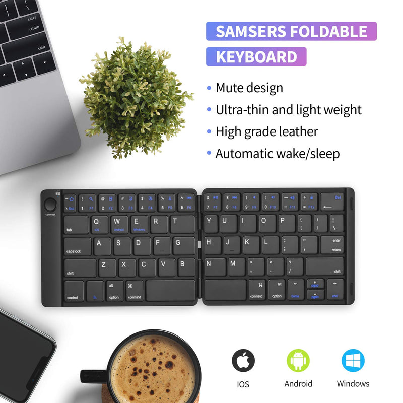 Samsers Foldable Bluetooth Keyboard - Portable Wireless Keyboard with Stand Holder, Rechargeable Full Size Ultra Slim Folding Keyboard Compatible IOS Android Windows Smartphone Tablet and Laptop-Black Black