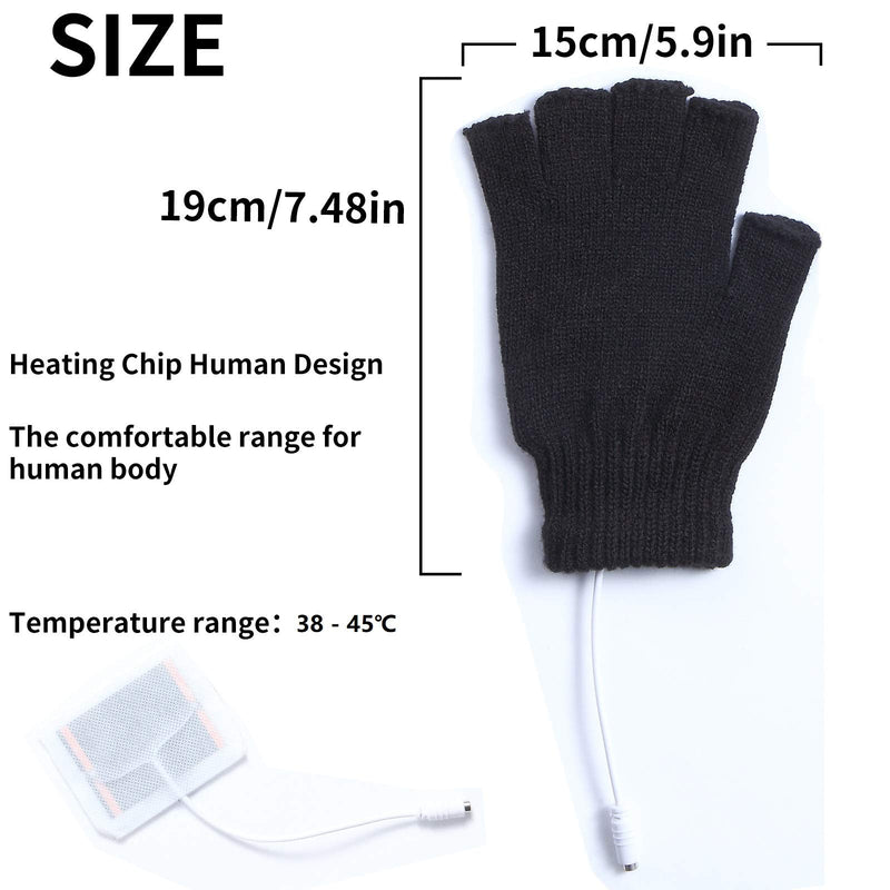 2 Pairs USB Heated Gloves for Men and Women, USB 2.0 Powered Stripes Heating Pattern Knitting Wool Heating Mittens Hands Warmer Fingerless Washable Design Winter Gift (Black & Gray) Black+grey