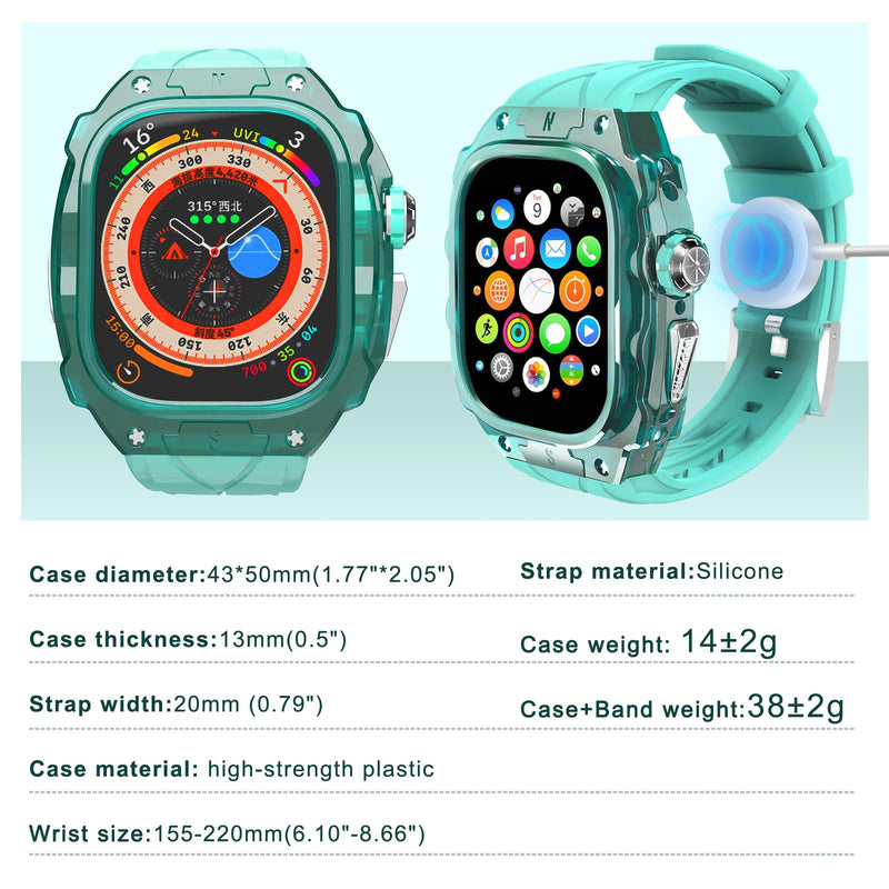 Luxury Translucent Smartwatch Case for Apple Watch Ultra 1/2 49mm, Fully Wrapped Lightweight Rugged case with Silicon Strap, Stainless Steel Buttons, Protective Cover for Men/Women (Mint Blue) Mint Blue